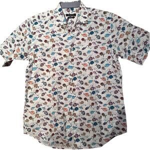 Bugatchi Classic Fit White Button-Up Shirt, Colorful Tropical Fish Print, Size M